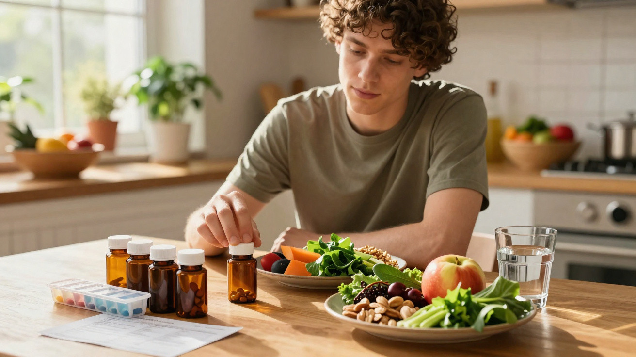 Jovem sentado à mesa com alimentos saudáveis, vitaminas e copo de água em cozinha iluminada naturalmente.