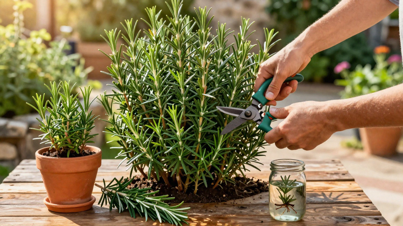 Pessoa podando planta de alecrim em vaso com tesoura de jardinagem em mesa de madeira.