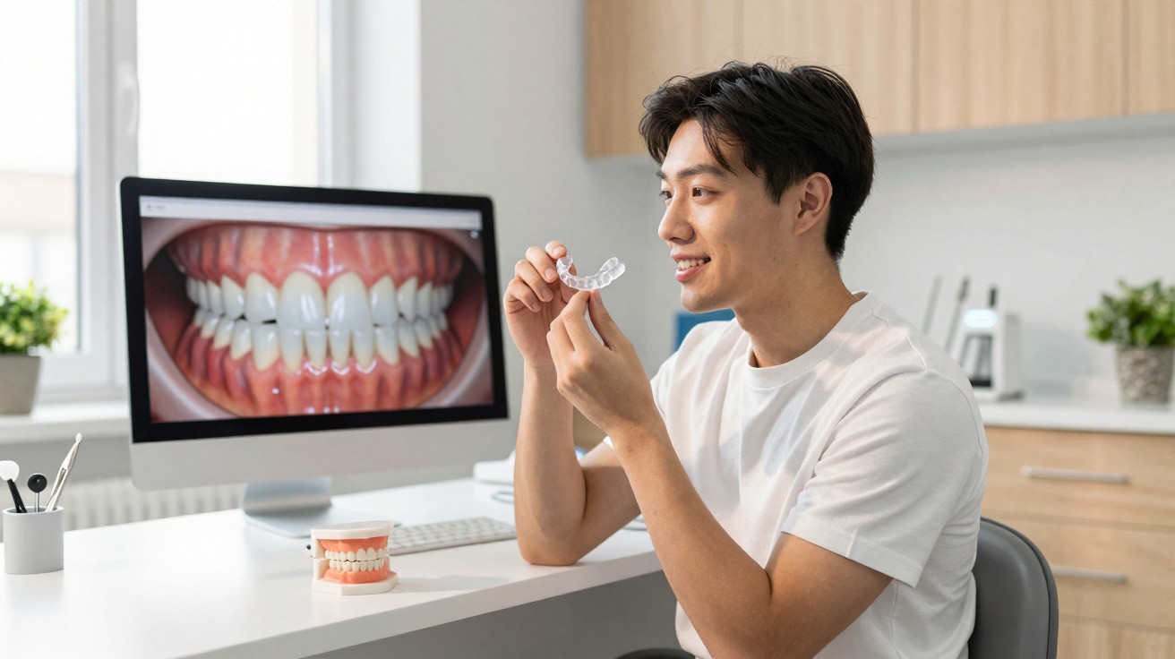 Homem em clínica odontológica segurando alinhador transparente com imagem de dentes na tela do computador.
