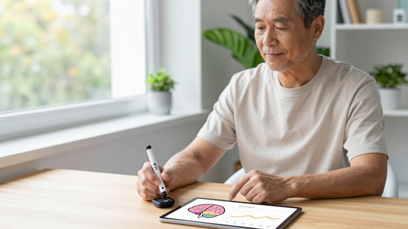 Homem sentado à mesa usando dispositivo digital com imagem de cérebro e gráfico na tela.