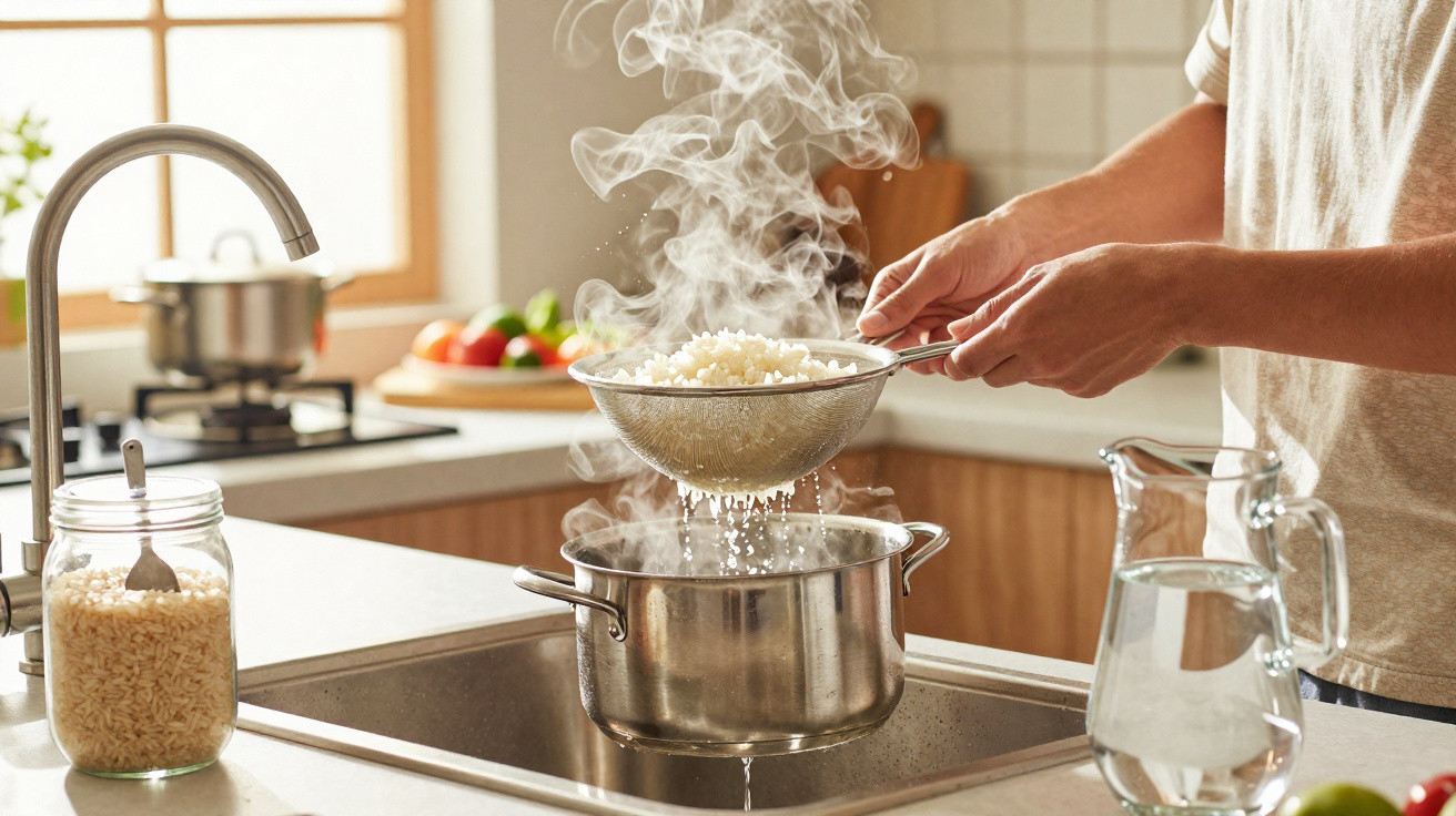 Pessoa escorrendo arroz cozido em uma peneira sobre panela na pia da cozinha moderna.