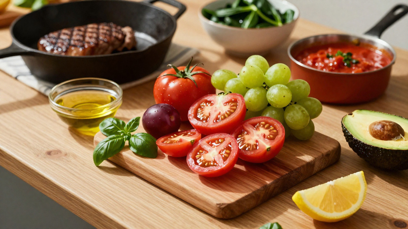 Variedade de frutas, legumes e temperos frescos sobre tábua de madeira e mesa clara em cozinha.