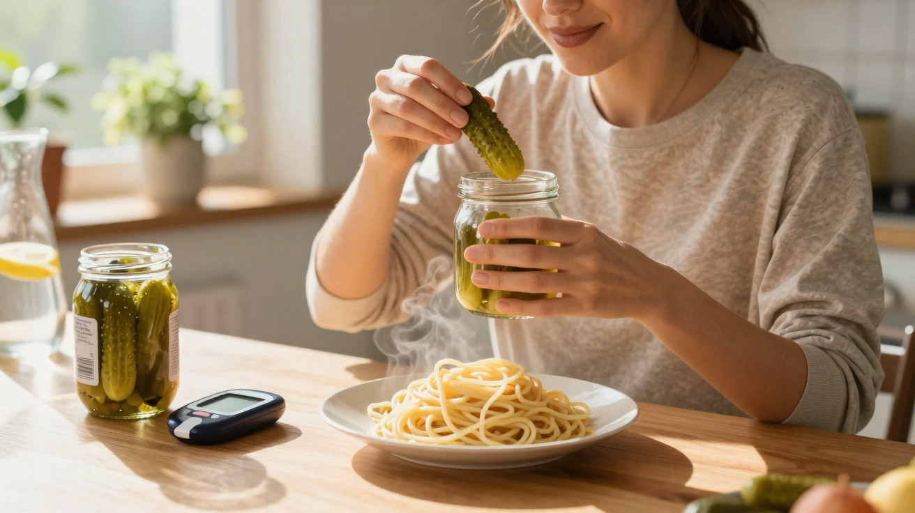 Mulher segurando pepino em conserva sobre prato com macarrão, com aparelho de medição de glicose na mesa.