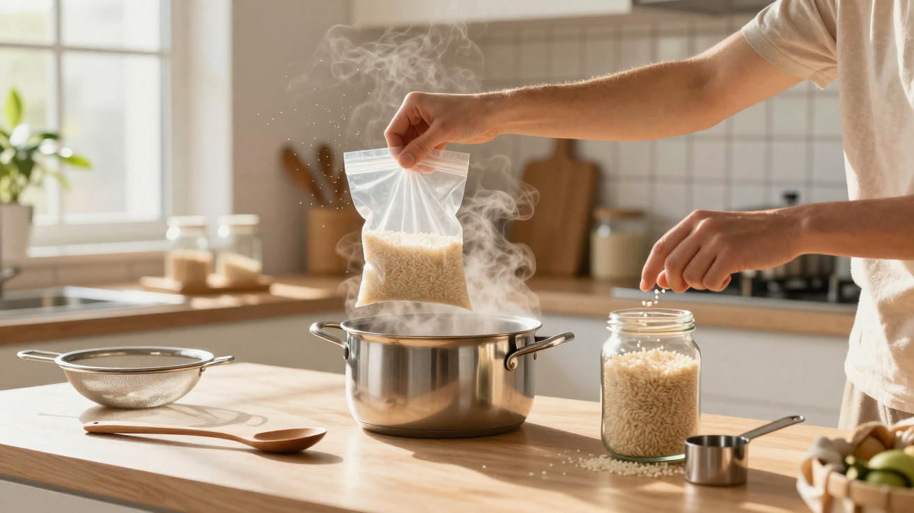 Mãos colocando arroz em panela com vapor na cozinha ensolarada, ao lado de jarra e utensílios.