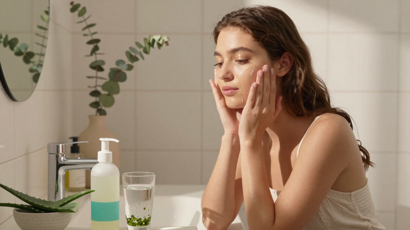 Mulher aplicando creme no rosto em banheiro iluminado, com plantas e produtos de beleza ao lado.