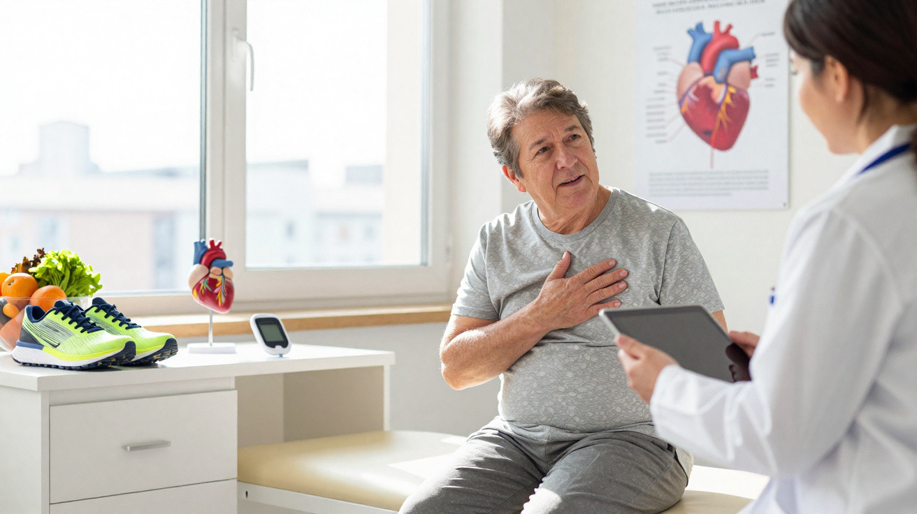 Paciente idoso segurando o peito em consulta médica com cardiologista em clínica iluminada.