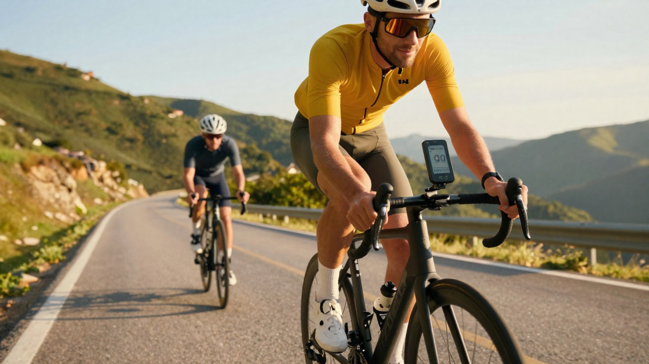 Dois ciclistas usando capacete pedalando em estrada sinuosa com montanhas ao fundo em dia ensolarado.