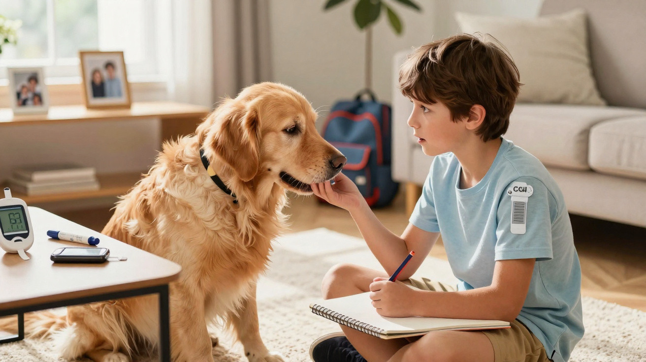Criança sentada no chão acariciando um cachorro golden retriever ao lado de equipamentos médicos.