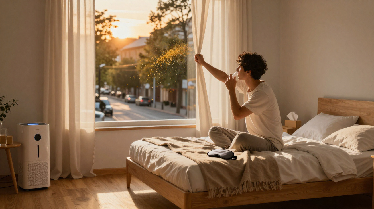 Homem sentado na cama abrindo a cortina para a luz do sol entrar no quarto ao amanhecer.