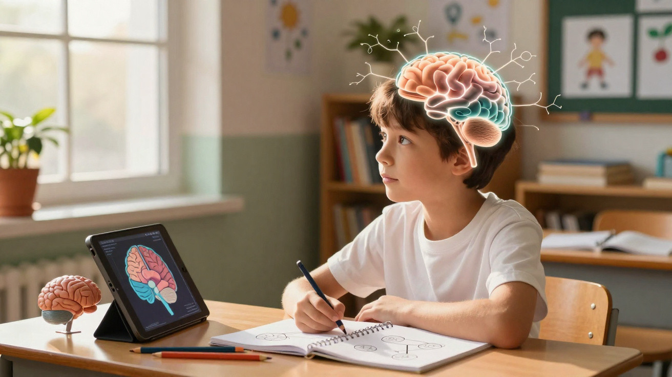 Criança estudando cérebro com tablet, caderno e cérebro modelado na mesa em sala de aula iluminada.
