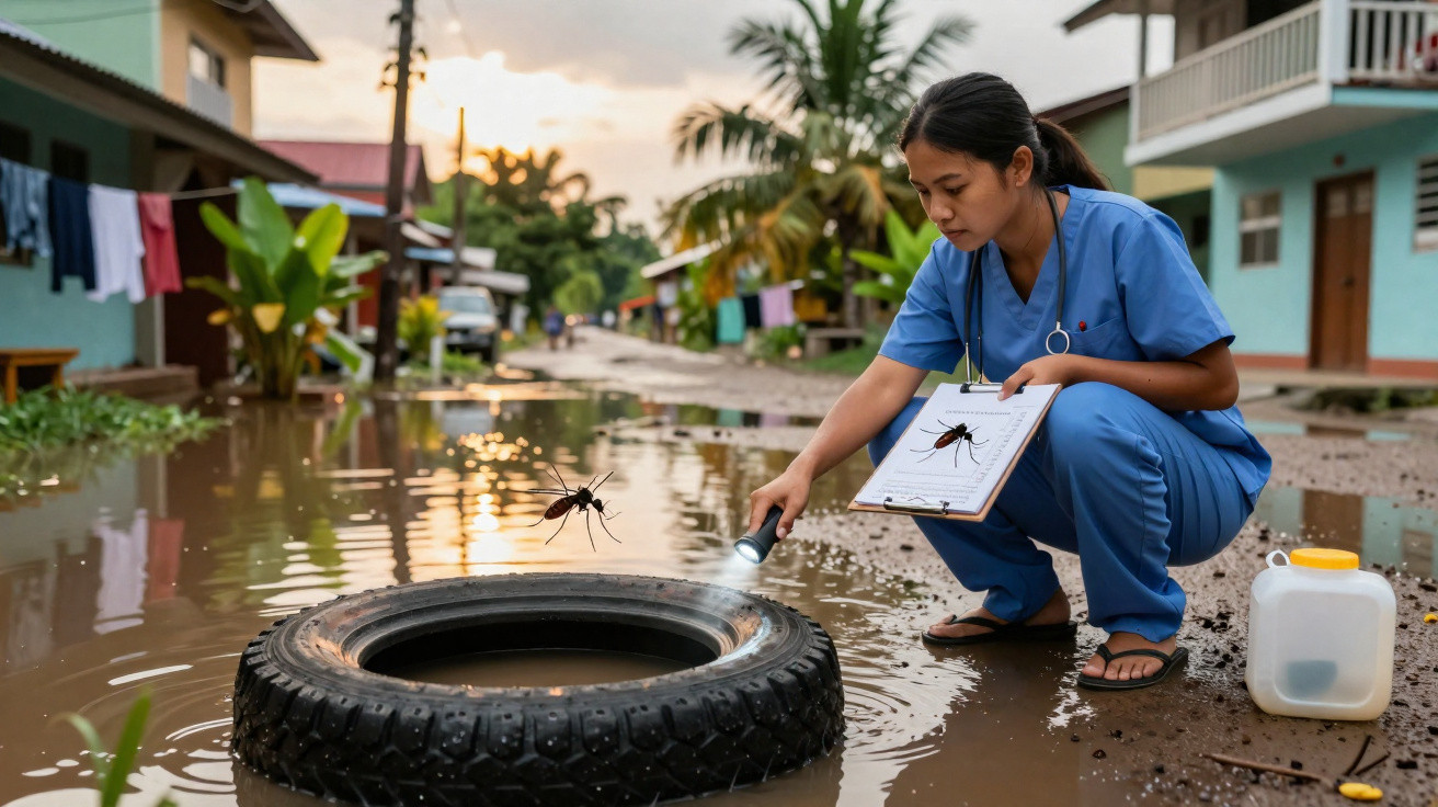 Profissional de saúde inspeciona pneu cheio de água em rua alagada, examinando presença de mosquito.