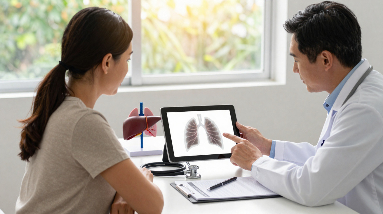 Médico mostra imagem de pulmões em tablet enquanto paciente escuta atentamente em consultório iluminado.