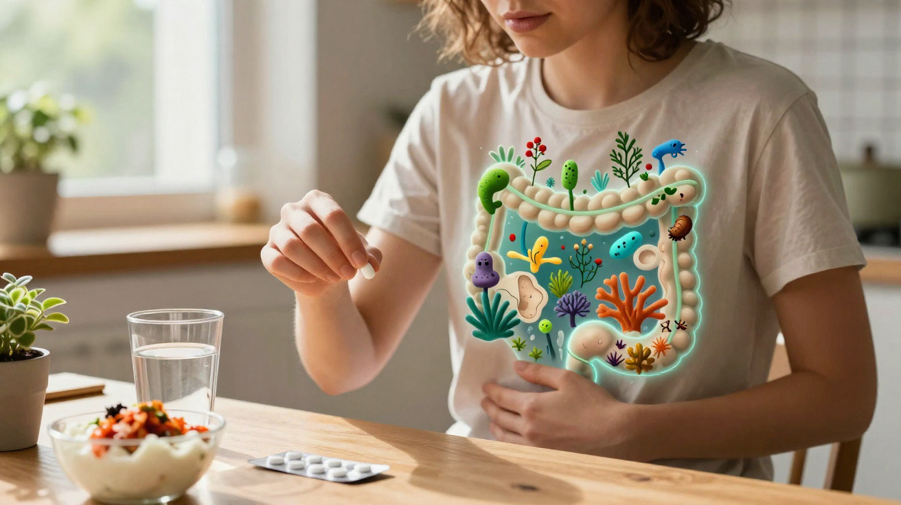 Mulher segurando remédio com ilustração do intestino e microbiota sobreposta no torso.