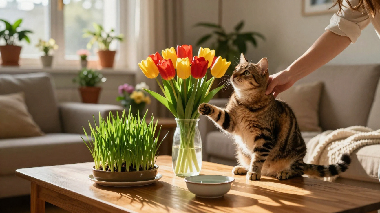 Gato estendendo a pata em mesa com vaso de tulipas e planta verde em sala iluminada pela manhã.