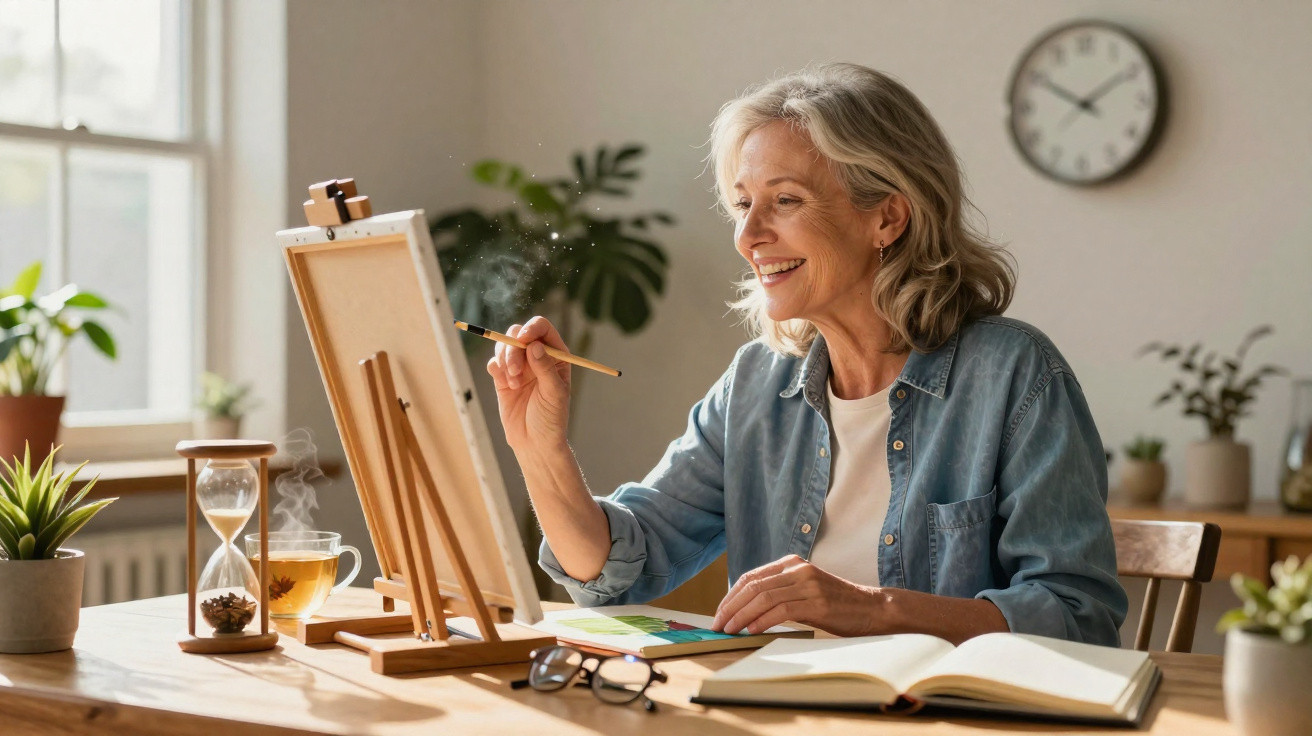 Mulher sorridente pintando em tela em cavalete, sentada em mesa com plantas, livro e xícara de chá.
