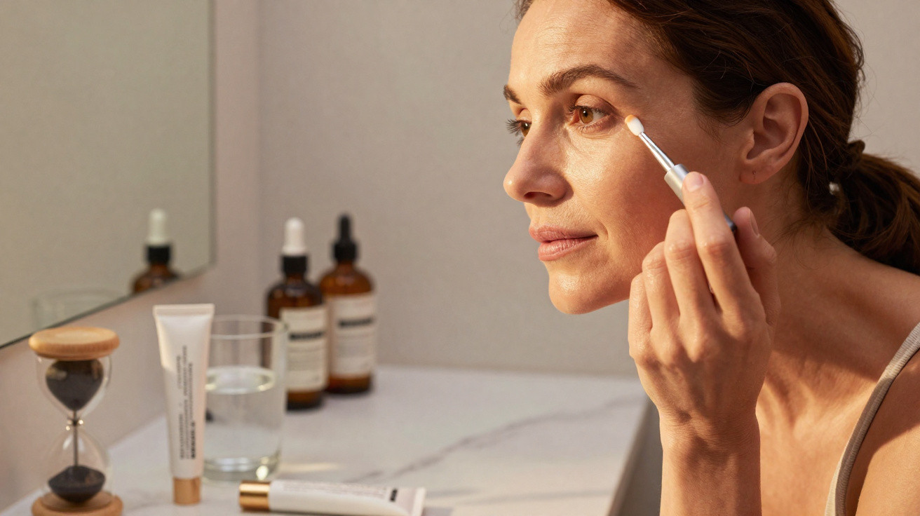 Mulher aplicando creme ao redor dos olhos em banheiro com produtos de beleza no fundo.