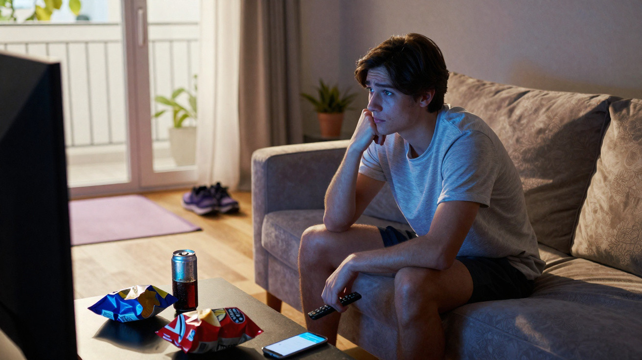 Jovem sentado no sofá assistindo TV à noite, com salgadinhos e bebida na mesa à sua frente.