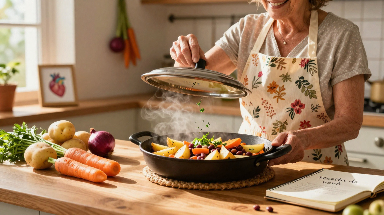 Mulher na cozinha levantando a tampa de panela com legumes cozidos e ervas na bancada.