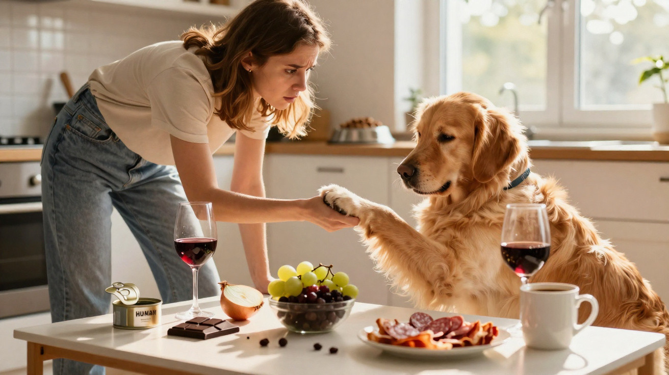 Mulher e cachorro golden retriever fazendo toque de patas na cozinha com comida e vinho na mesa.