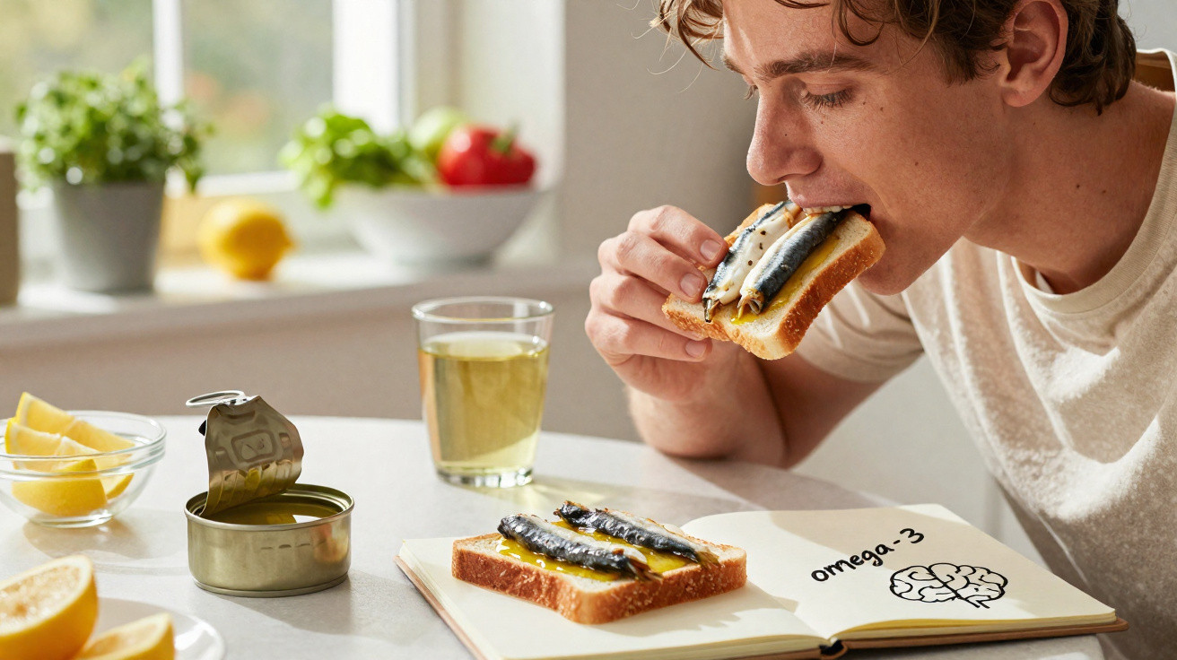 Homem comendo torrada com sardinha, ao lado de livro aberto sobre ômega-3 na mesa.
