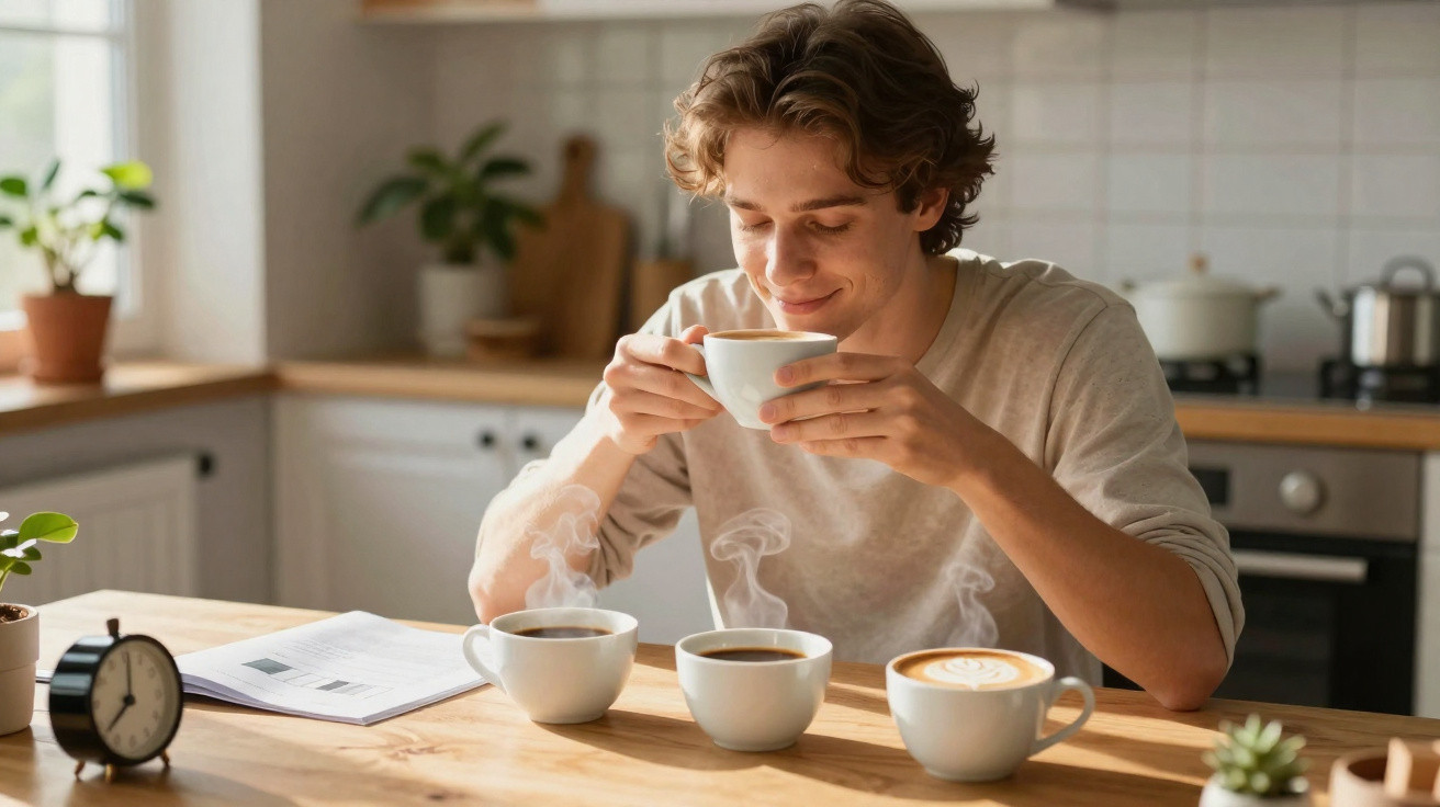 Jovem desfrutando o aroma do café em uma xícara, sentado à mesa com três xícaras fumegantes e um relógio.