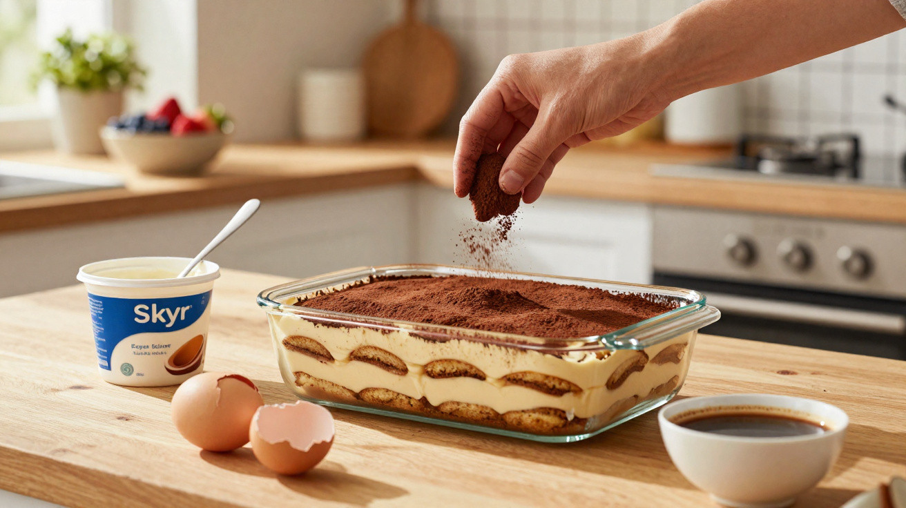 Mão polvilhando cacau sobre tiramisu em vidro, com ovos, café e iogurte numa cozinha iluminada.
