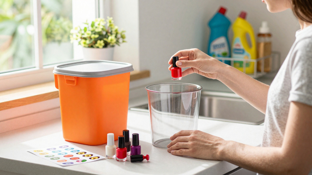 Pessoa colocando esmalte vermelho em um recipiente transparente em mesa com vários esmaltes e adesivos.