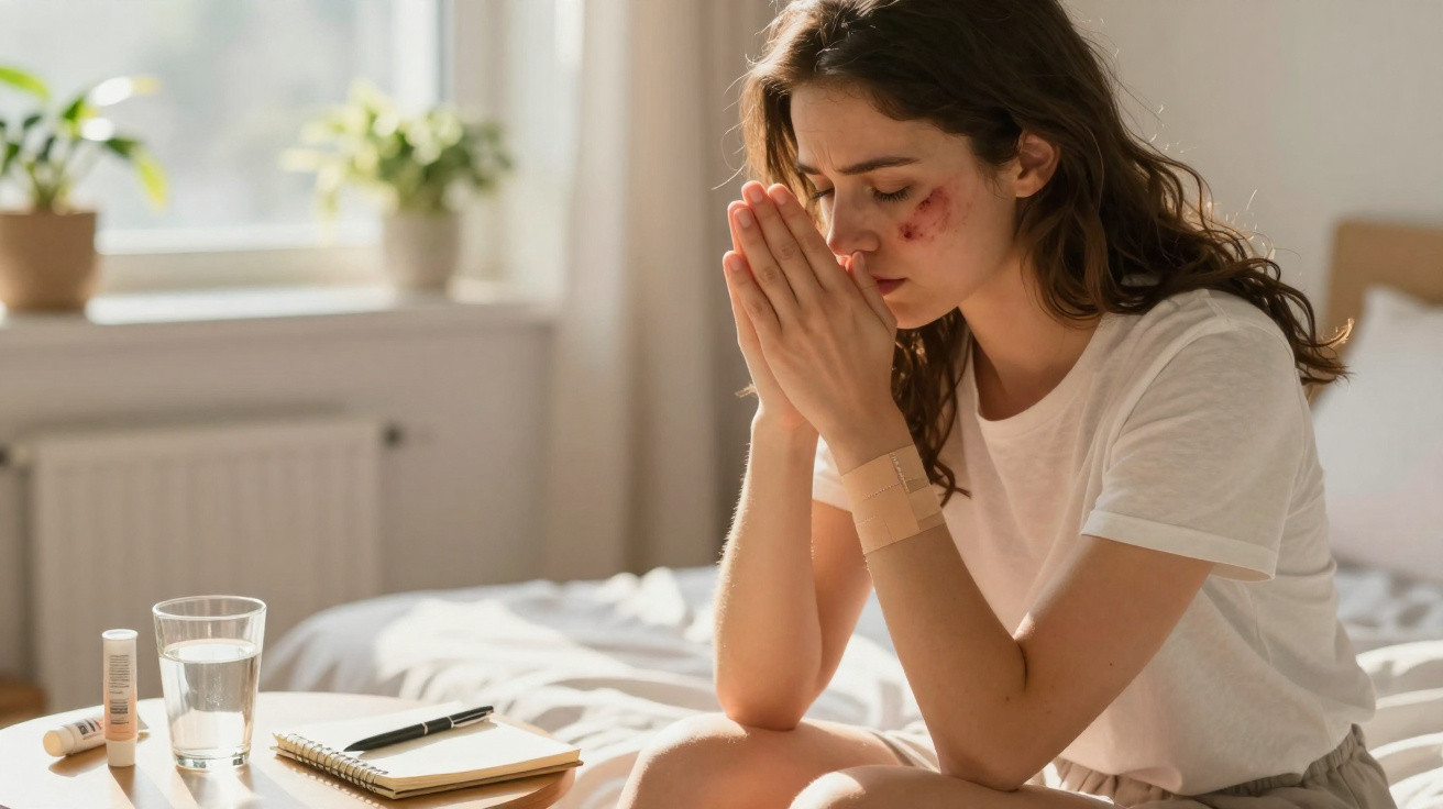 Mulher com hematomas no rosto sentada na cama, com expressão preocupada, segurando as mãos junto ao rosto.