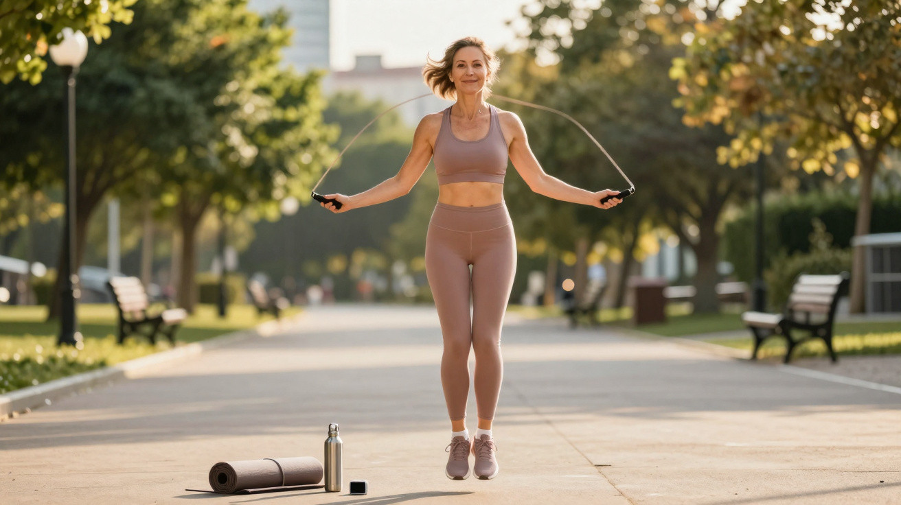 Mulher pulando corda em parque ensolarado, vestindo roupas esportivas cor de rosa, com tapete e garrafa ao lado.