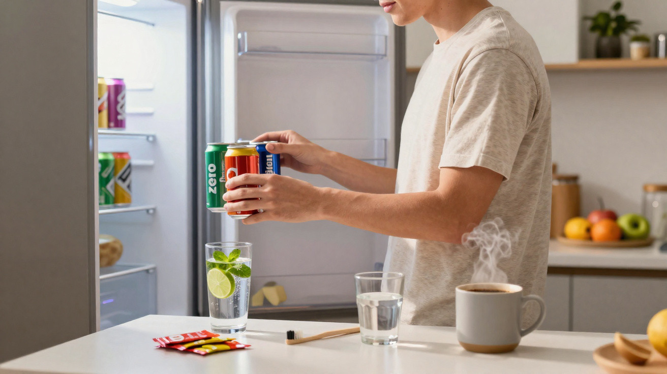 Pessoa retirando latas de refrigerante da geladeira em cozinha com café quente na bancada.