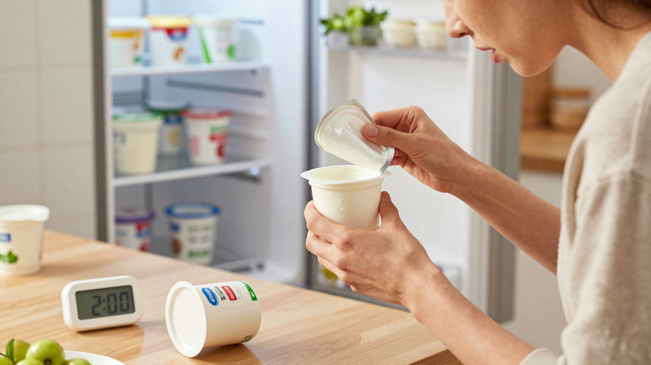 Pessoa abrindo pote de iogurte em cozinha com geladeira ao fundo e timer marcando 2:00.