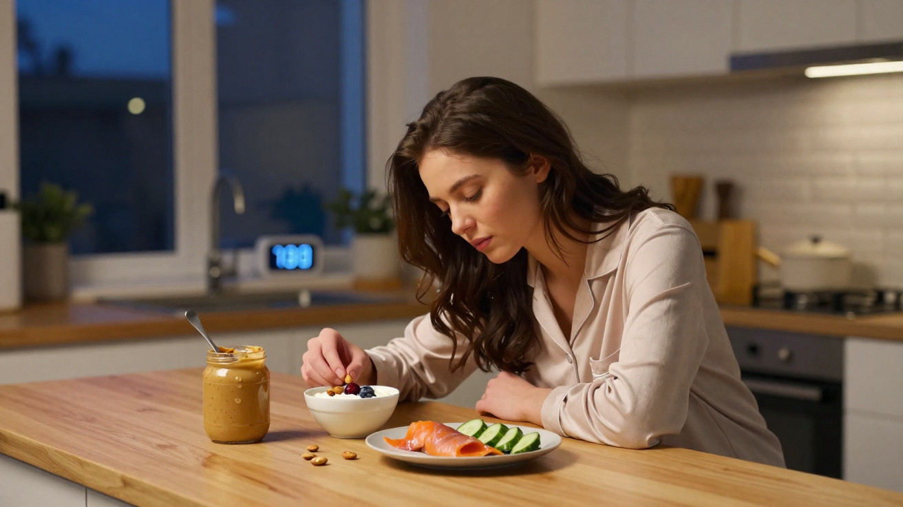 Mulher com pijama bege comendo frutas, salmão e pepino na cozinha ao entardecer.