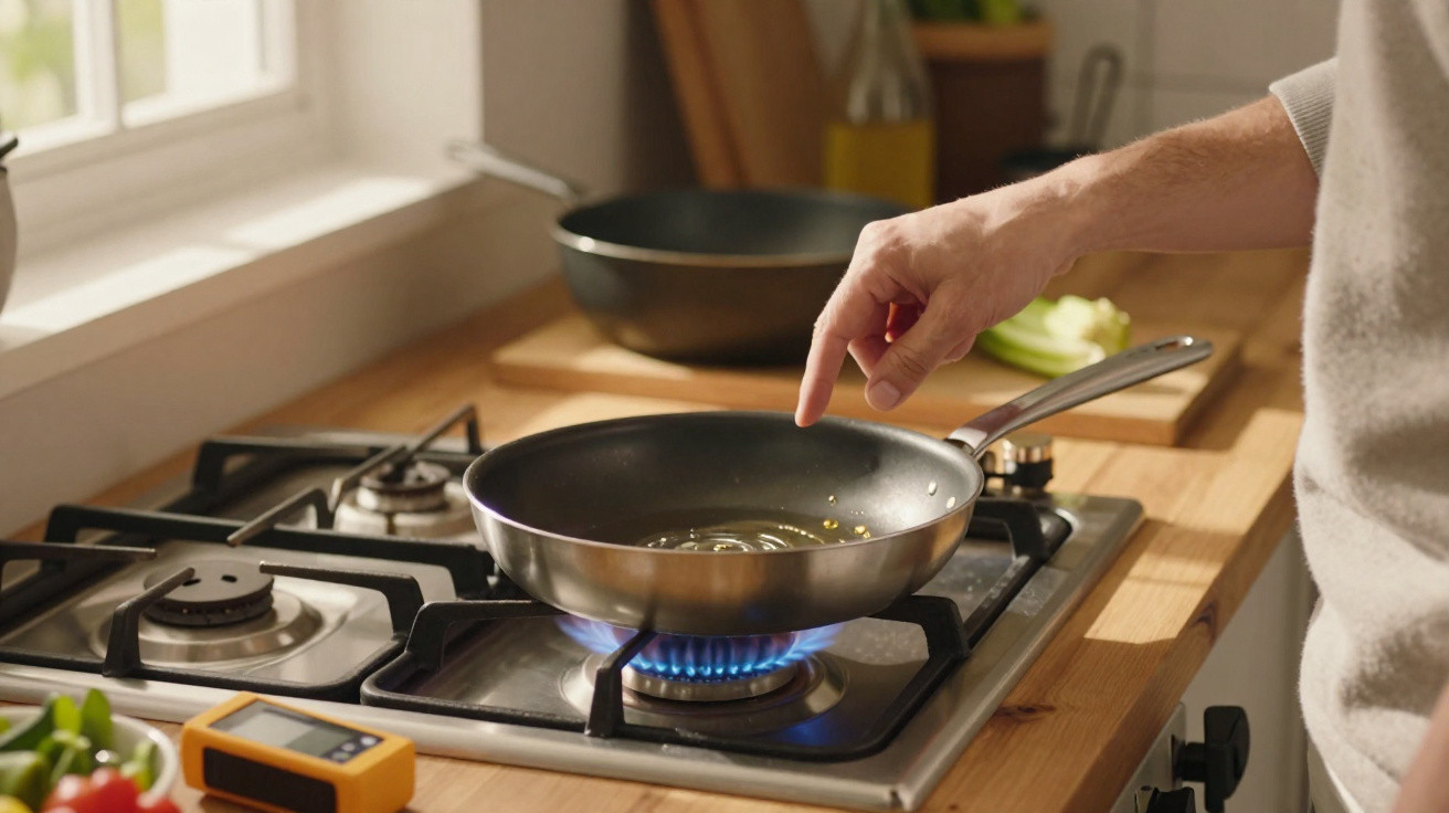 Mão ajustando óleo em frigideira no fogão a gás em cozinha iluminada pela janela.