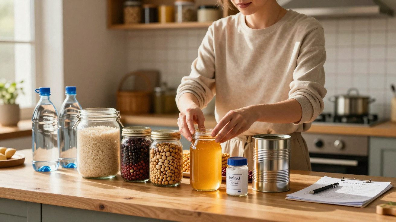 Mulher organizando mantimentos em potes na cozinha com diferentes alimentos e garrafas sobre mesa de madeira.