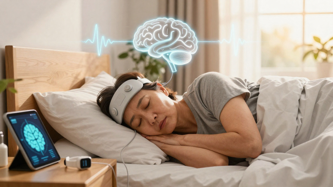 Mulher dormindo com dispositivo na cabeça que monitora atividade cerebral ao lado de tablet com cérebro digital.