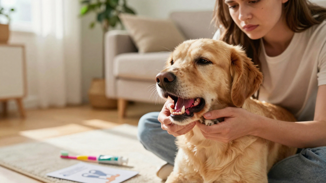Mulher examina dentes de cachorro golden retriever em sala de estar iluminada e aconchegante.