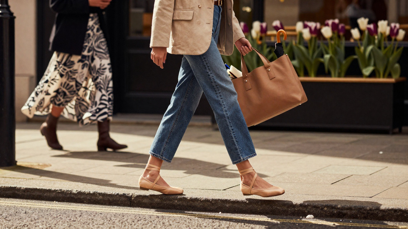 Pessoa caminhando na calçada com jeans, blazer bege e bolsa marrom, próximo a flores em vaso.