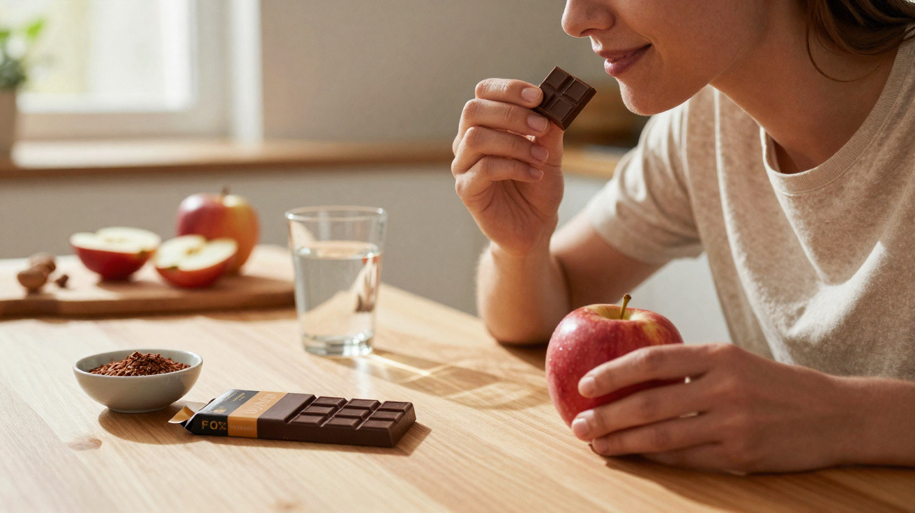 Mulher segurando maçã e pedaço de chocolate, com frutas e copo de água sobre mesa de madeira.