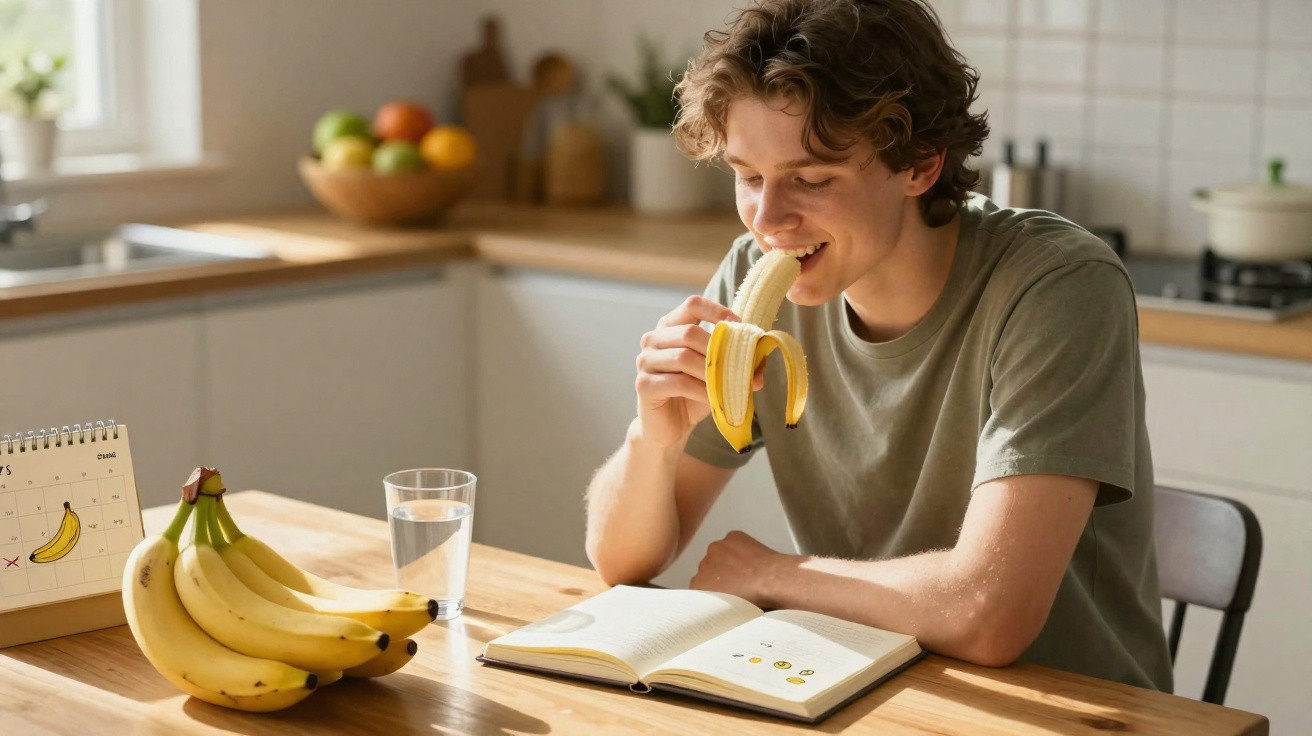 Jovem sentado à mesa, comendo banana e lendo livro em cozinha iluminada e organizada.