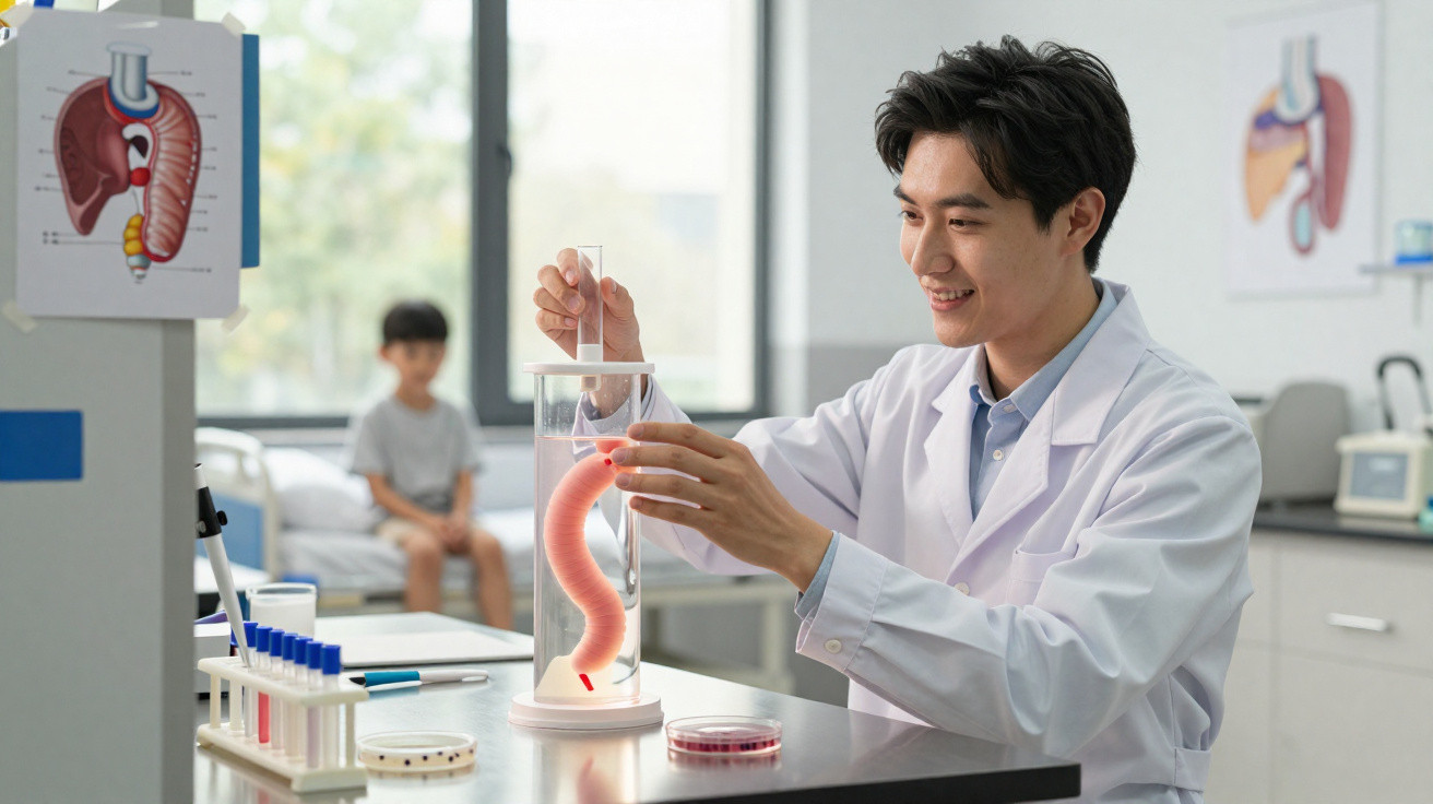 Cientista em laboratório segurando modelo anatômico de esôfago em recipiente com paciente criança ao fundo.