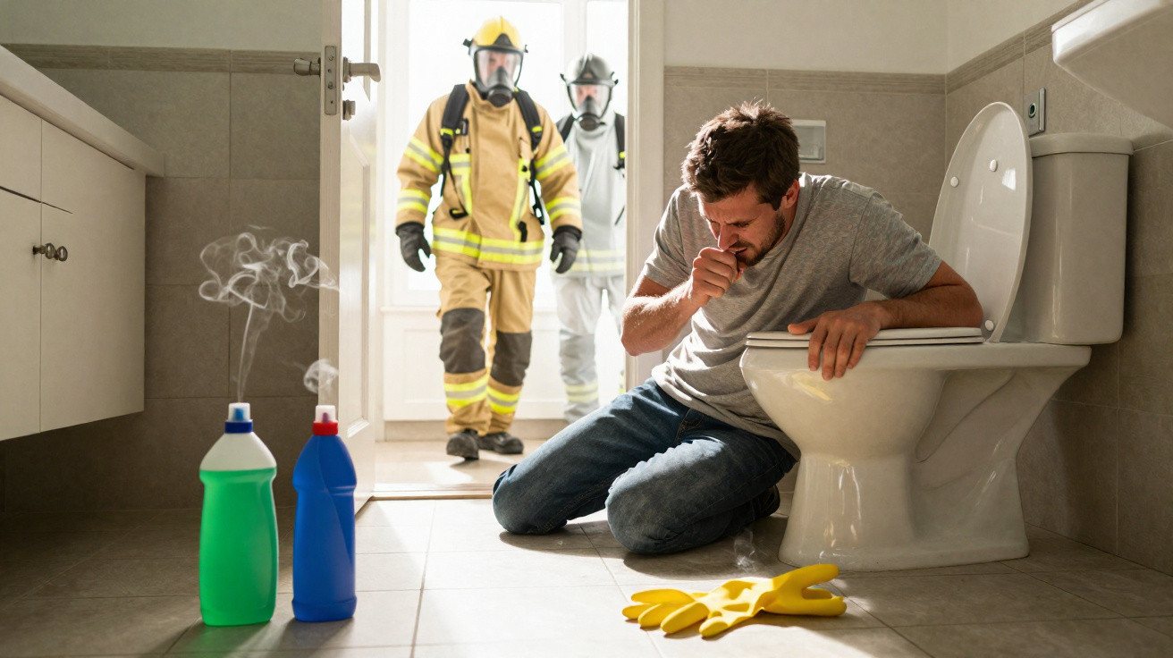 Homem debruçado no vaso sanitário tossindo enquanto bombeiros com roupas de proteção entram no banheiro.