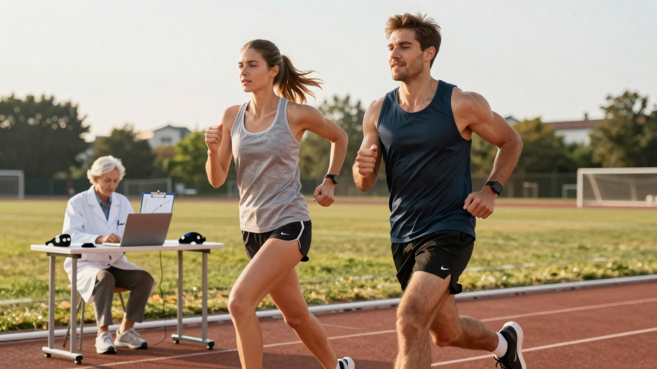 Atletas masculinos e femininos correndo em pista com treinador registrando dados em laptop ao fundo.