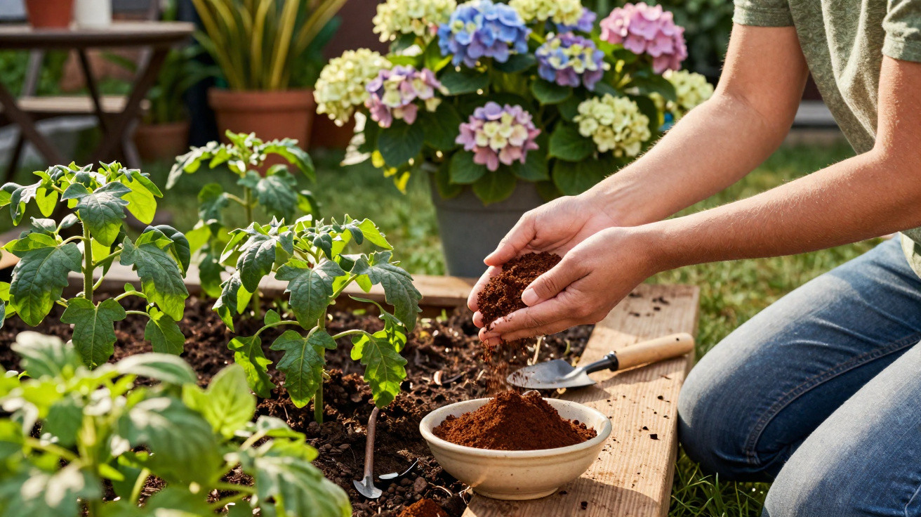 Pessoa adicionando adubo ao solo em um jardim com mudas e flores coloridas ao fundo.