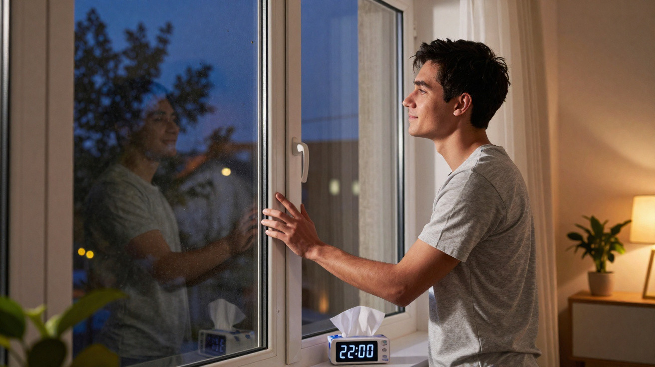 Jovem abrindo janela à noite em ambiente interno iluminado com relógio marcando 22:00 ao lado.