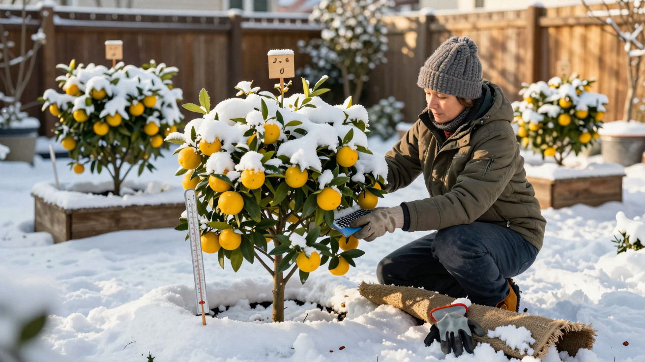 Pessoa cuidando de laranja coberta de neve em jardim com mais árvores frutíferas na neve.