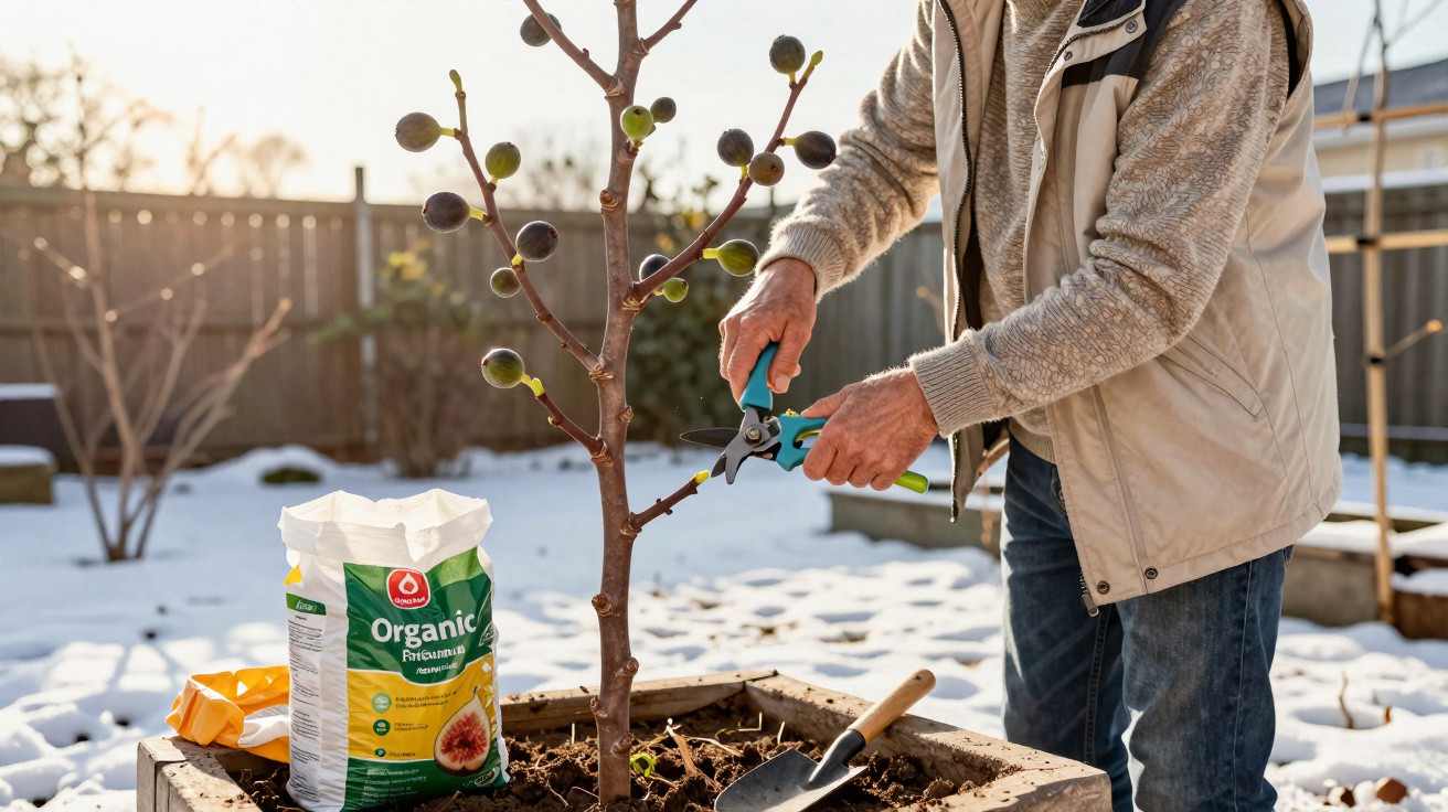 Pessoa podando galhos de árvore frutífera jovem em jardim com neve no chão e adubo orgânico ao lado.