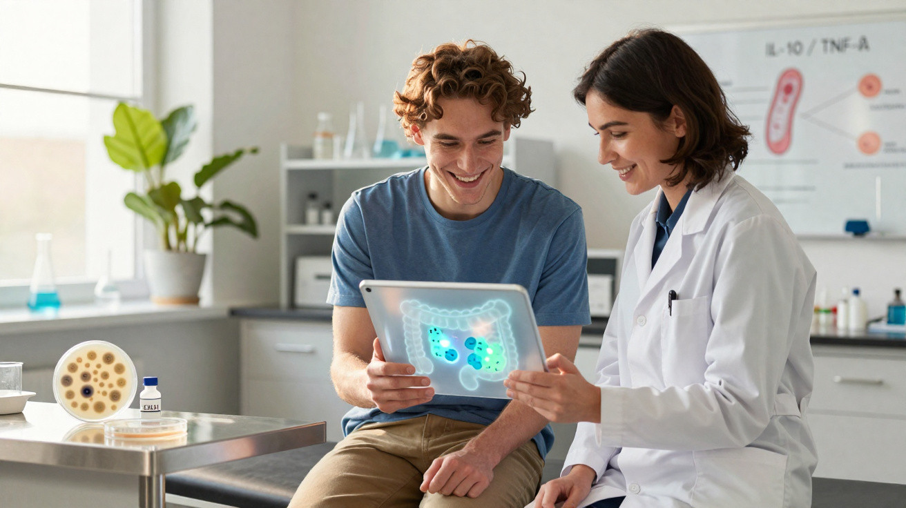 Paciente e médica analisam imagem digital do sistema digestivo em consultório clínico moderno.