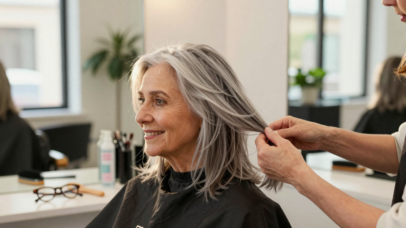 Mulher madura sorrindo enquanto cabeleireira arruma seu cabelo grisalho em salão moderno.