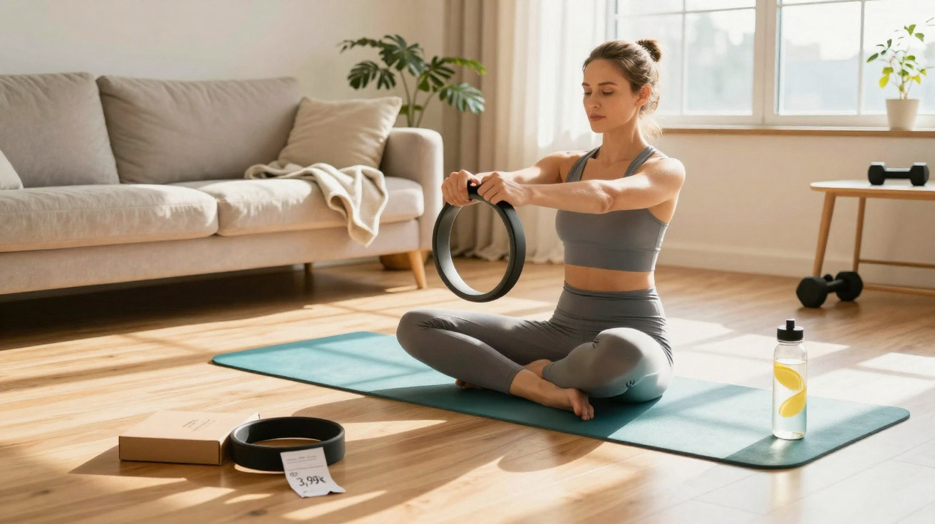 Mulher sentada em tapete de yoga segurando anel de pilates em sala iluminada e organizada.