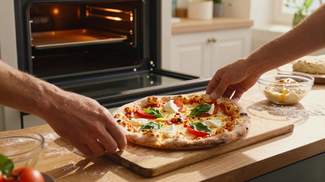 Duas mãos seguram pizza com tomate, manjericão e mussarela sobre tábua de madeira na cozinha.